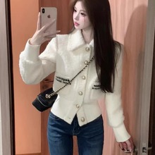 小香风撞色翻领羊羔毛外套女冬季新款设计感收腰显瘦百搭夹克上衣