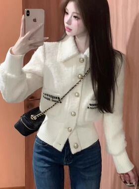 小香风撞色翻领羊羔毛外套女冬季新款设计感收腰显瘦百搭夹克上衣