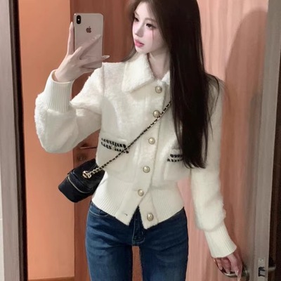 小香风撞色翻领羊羔毛外套女