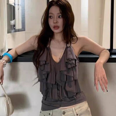 泰国绝美灰色V领无袖吊带背心