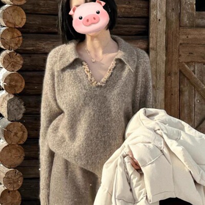 韩系慵懒风灰色亮片V领长袖毛衣