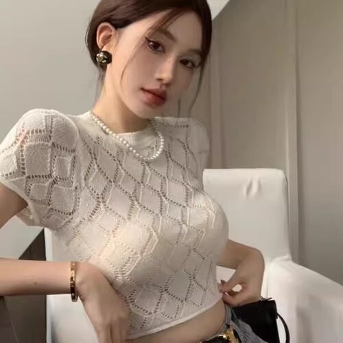 纯欲风性感镂空露背短款上衣女