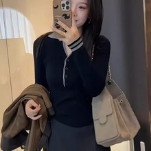 法式内搭黑色v领小翻领长袖针织衫女秋冬高级感打底毛衣短款上衣