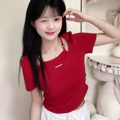 韩系辣妹假两件拼接短袖T恤女