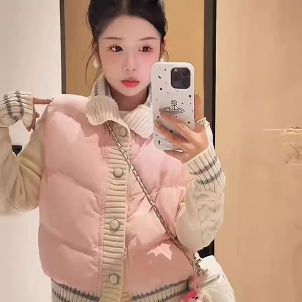 小香风别致粉色针织拼接立领短款棉服女冬季新款甜美休闲百搭外套