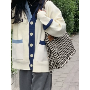 纽扣毛衣女春秋季 oversize设计感小众宽松慵懒风针织上衣 日系开衫