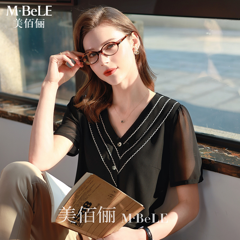 美佰俪工艺花边V领雪纺衫女短袖2025夏季新款气质通勤显瘦V领上衣