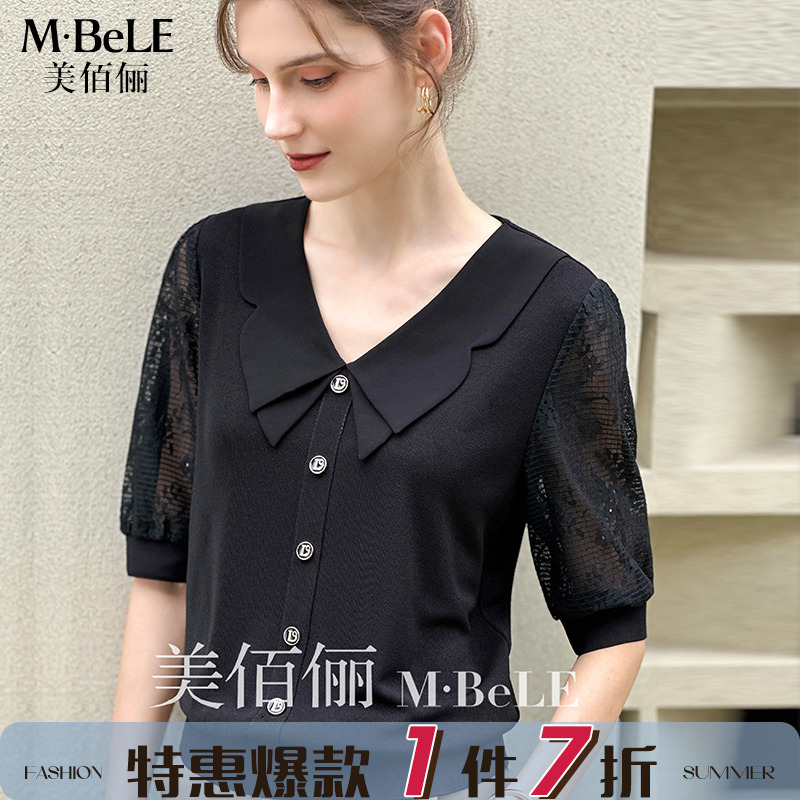 美佰俪冰麻针织衫女短袖拼接蕾丝上衣2024夏季新款洋气显瘦小衫薄