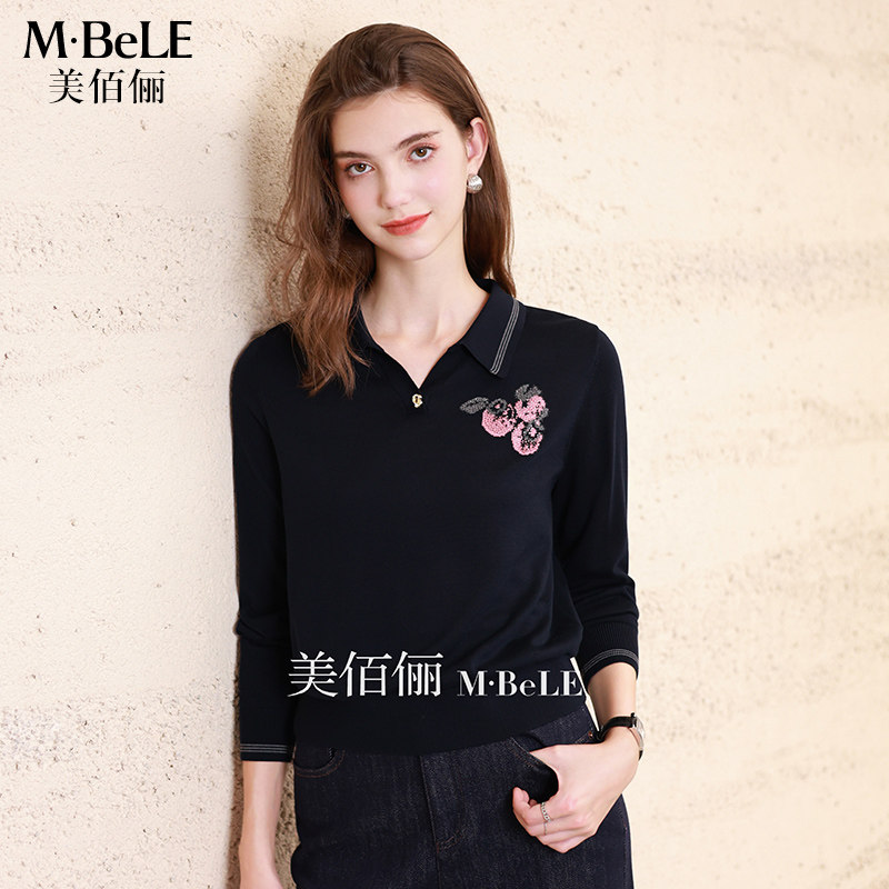美佰俪天丝翻领针织衫秋季2026新款气质妈妈装长袖打底小衫女上衣