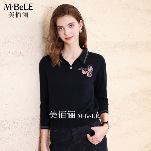 美佰俪天丝翻领针织衫秋季2026新款气质妈妈装长袖打底小衫女上衣
