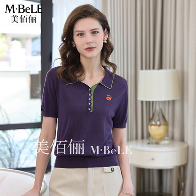美佰俪品牌天丝新款针织衫女2025夏季新款妈妈装翻装气质休闲上衣