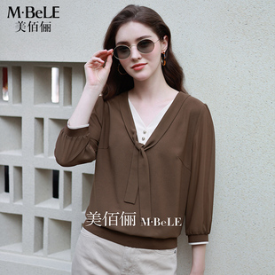 美佰俪春季新款2026假两件系带复古设计感上衣V领七分袖雪纺衬衫