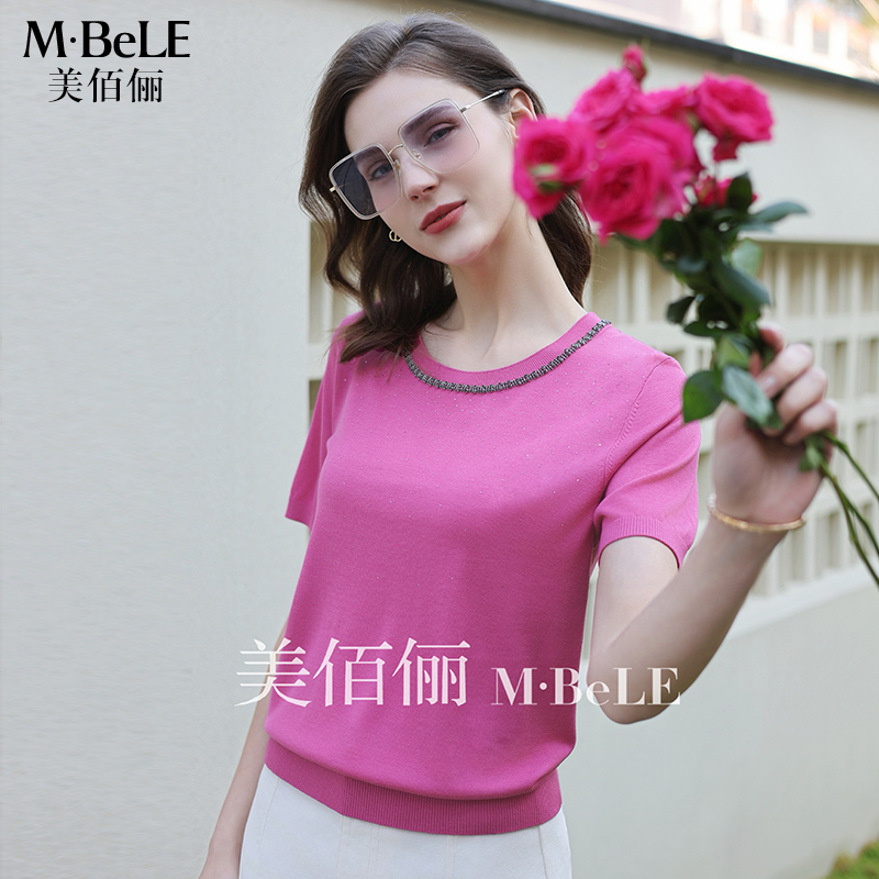 美佰俪重工高级感钻领粉色针织衫女2025夏季新款气质短袖天丝上衣