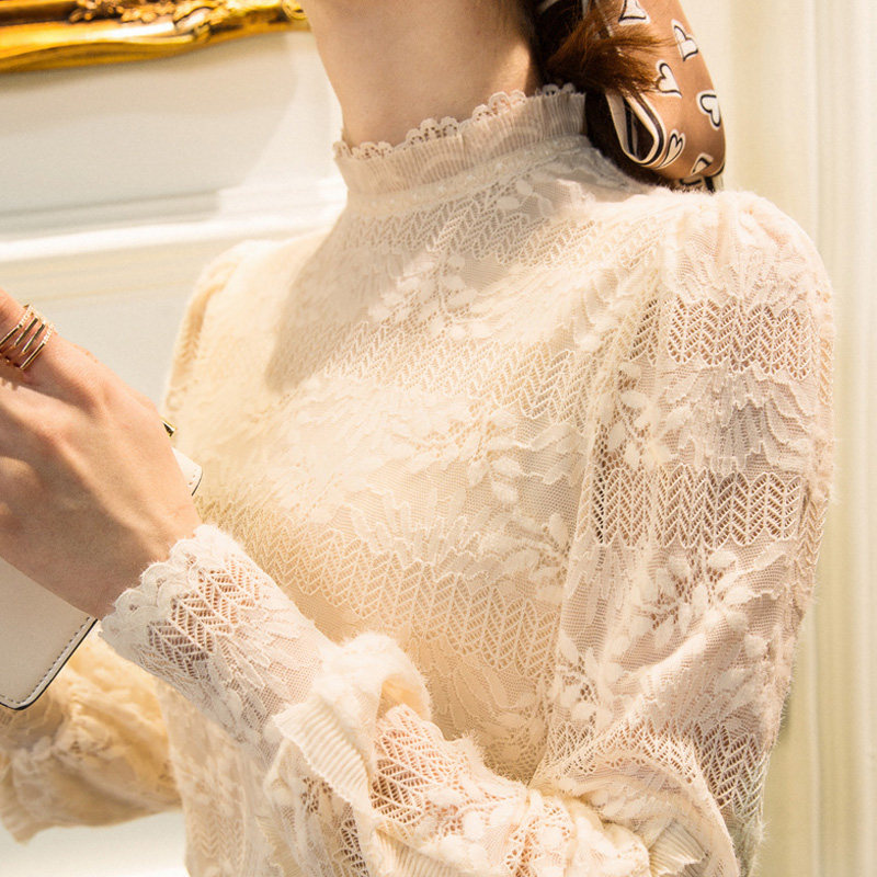灯笼袖蕾丝衫女春秋2022新款洋气立领网纱内搭长袖打底衫秋季上衣