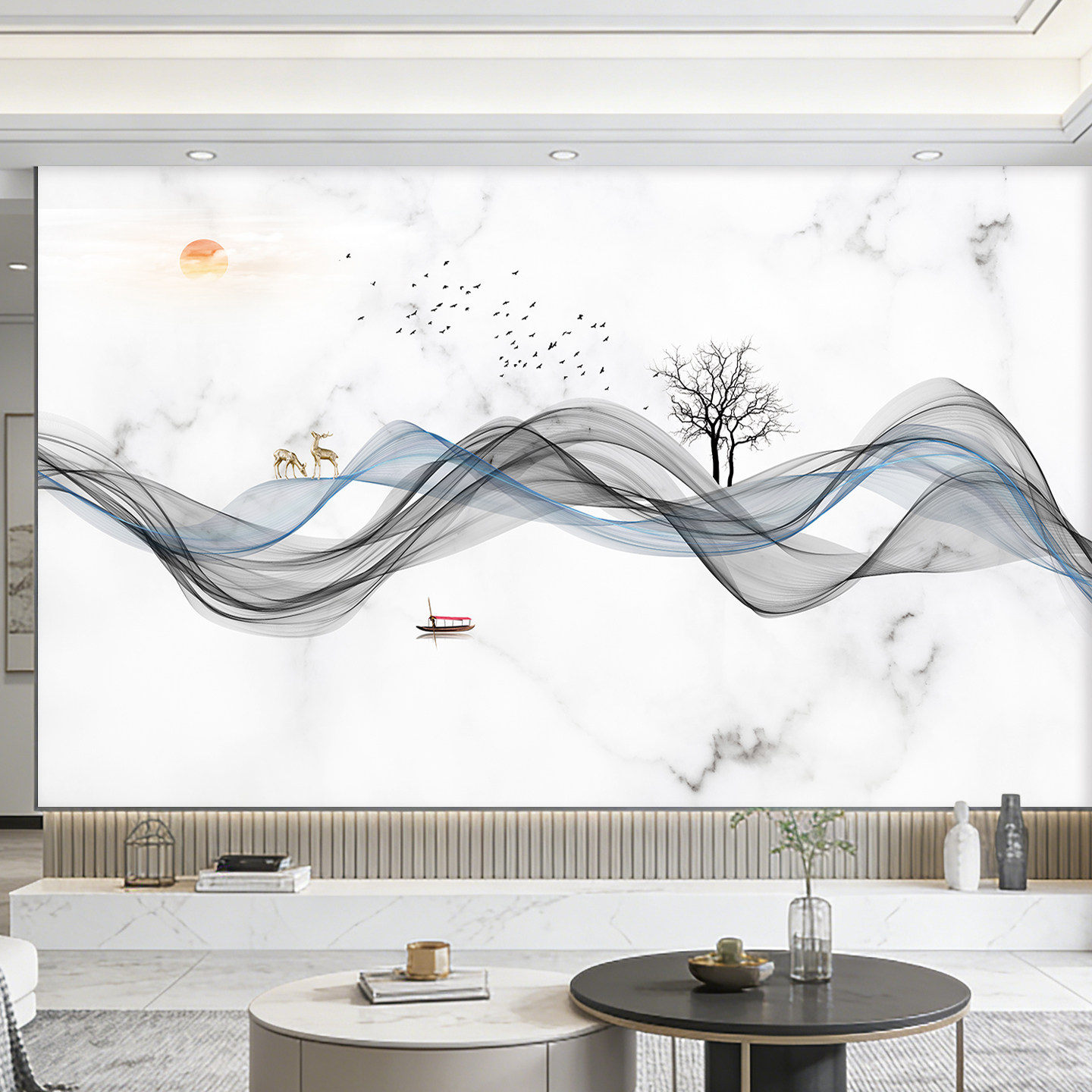 自粘壁画新中式抽象山水画客厅电视背景墙纸沙发卧室招财鹿墙贴画