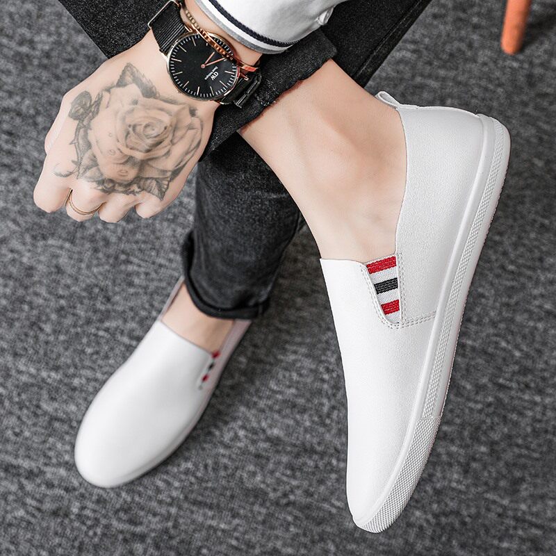 春夏季男士豆豆鞋皮鞋白色百搭青年真皮无鞋带懒人配九分裤休闲鞋