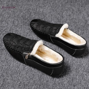 男士加绒豆豆鞋冬天保暖软底开车休闲鞋无鞋带皮鞋冬季一脚蹬棉鞋