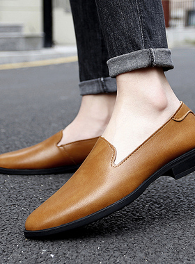 一脚蹬皮鞋男款夏季英伦商务豆豆真皮发型师休闲尖头带跟皮鞋38码