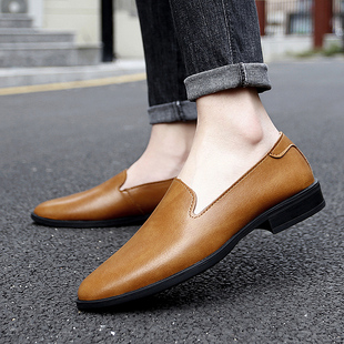 一脚蹬皮鞋男款夏季英伦商务豆豆真皮发型师休闲尖头带跟皮鞋38码