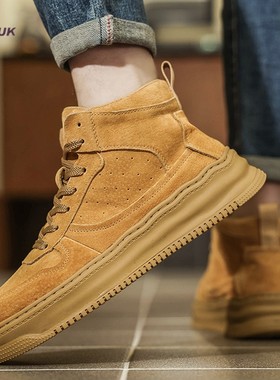 2025秋冬新款男鞋高帮板鞋金黄色真皮商务休闲马丁靴厚底增高皮鞋