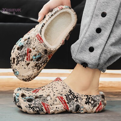洞洞鞋男款2025新款秋冬保暖涂鸦