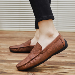 带痘痘潮流精神小伙皮鞋 男发型师夜店懒人无鞋 青年豆豆鞋 棕色个性