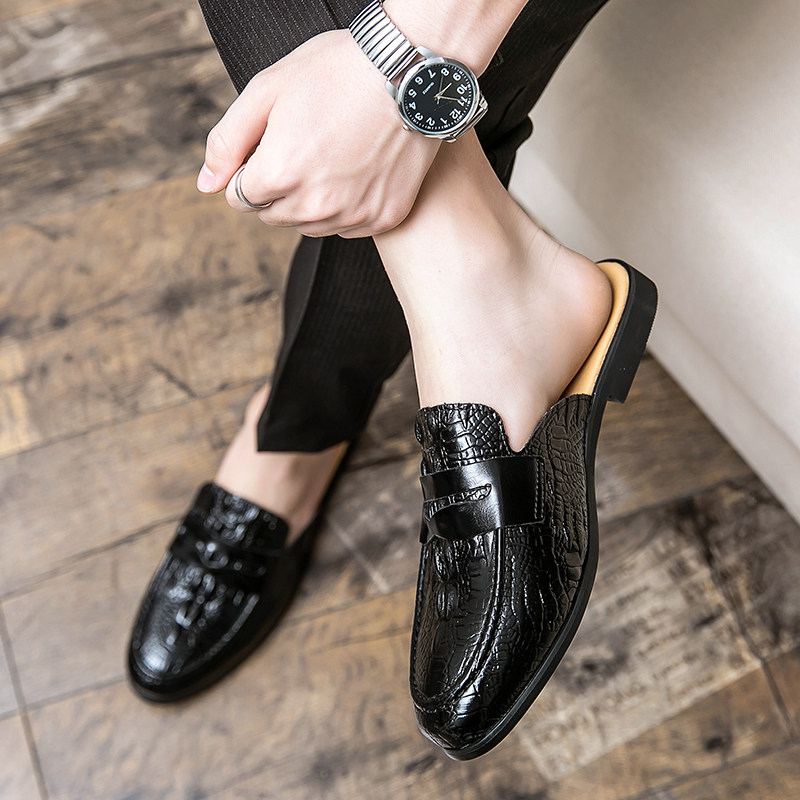 鳄鱼纹包头半托皮鞋男夏季个性潮流青年发型师无后跟豆豆懒人拖鞋