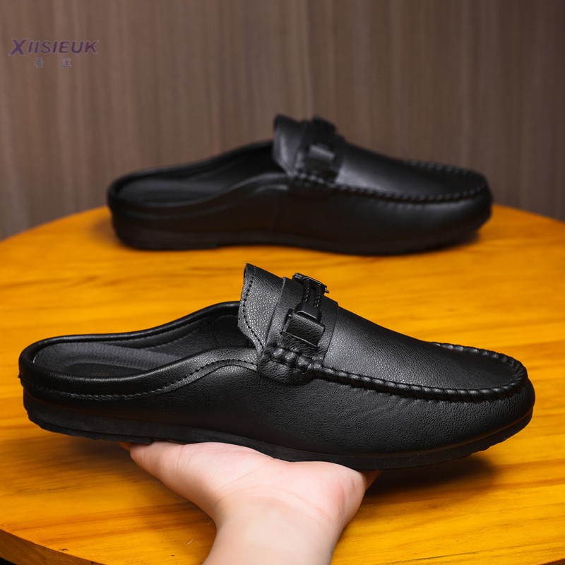 半托豆豆鞋男韩版潮流无后跟休闲运动半脱男款无根皮鞋懒人半拖鞋