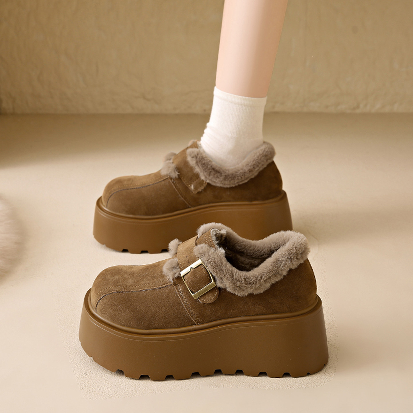 绝美增高单鞋女秋冬博肯鞋毛毛鞋