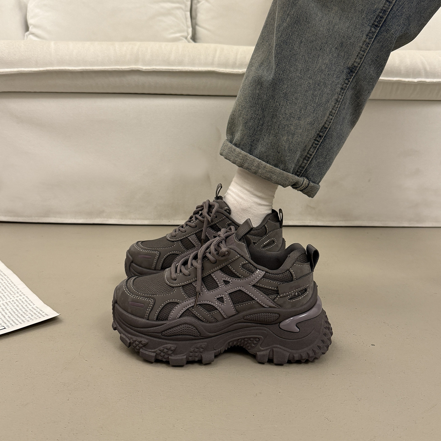 松糕厚底加绒老爹鞋女小个子增高2026超火新款春季灰色运动休闲鞋,女鞋,时尚休闲鞋,淘宝优惠券,粉丝福利购,淘宝优惠卷