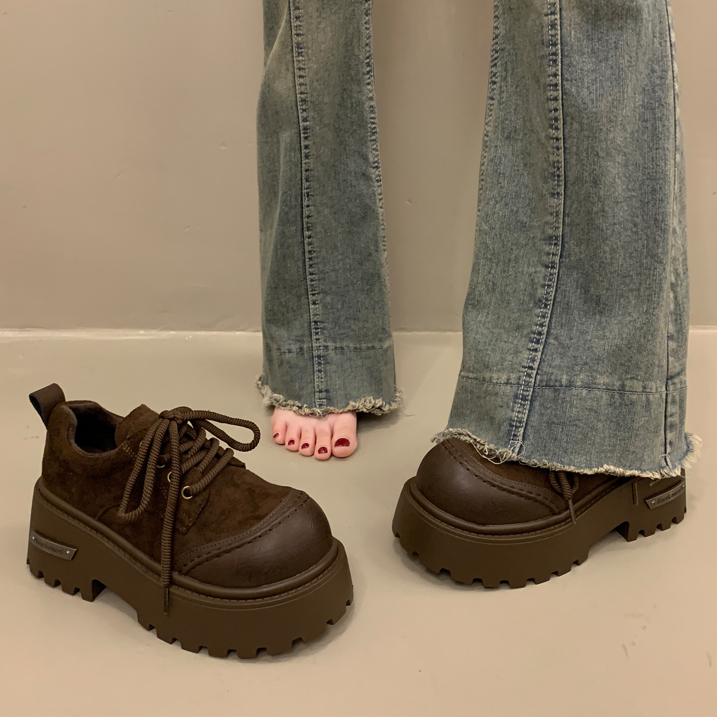 法式棕色单鞋女博肯鞋系带小皮鞋