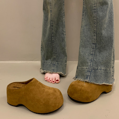 超火包头拖鞋女冬加绒博肯懒人鞋