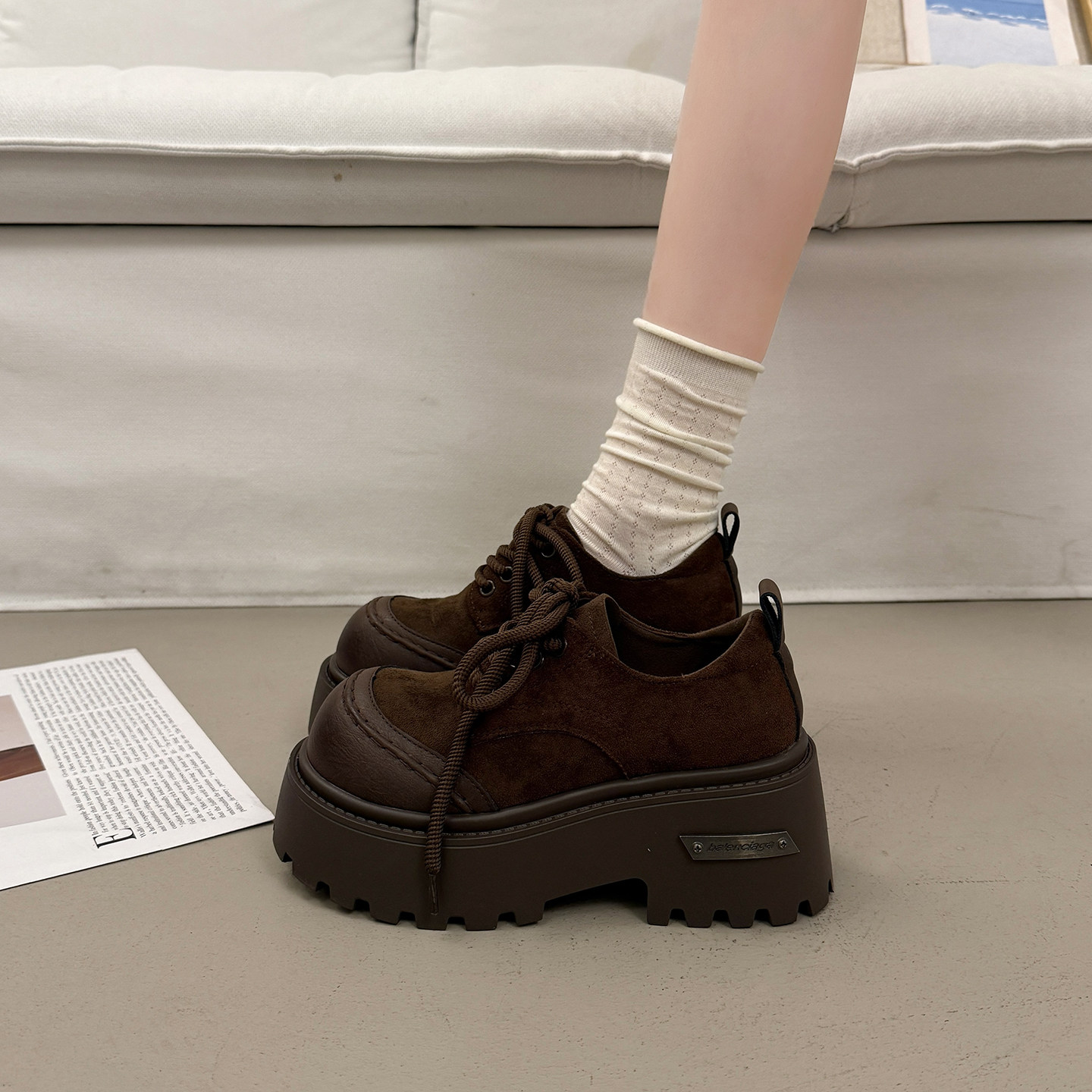 法式增高厚底单鞋女春秋季百搭2026新款勃肯鞋大头系带英伦小皮鞋