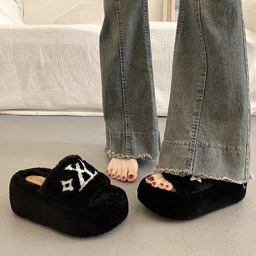 网红黑色增高毛毛拖鞋女冬一脚蹬