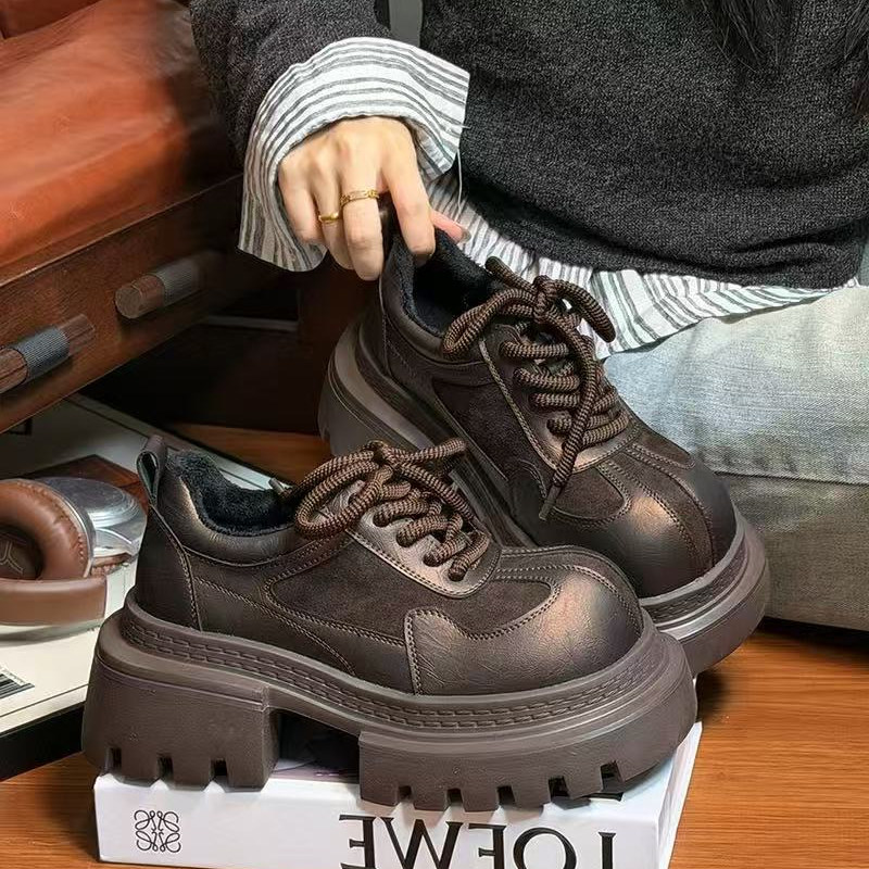 英伦风厚底系带2025冬季加绒乐福鞋女款超纤磨砂松糕增高休闲皮鞋,女鞋,马丁靴,淘宝优惠券,粉丝福利购,淘宝优惠卷