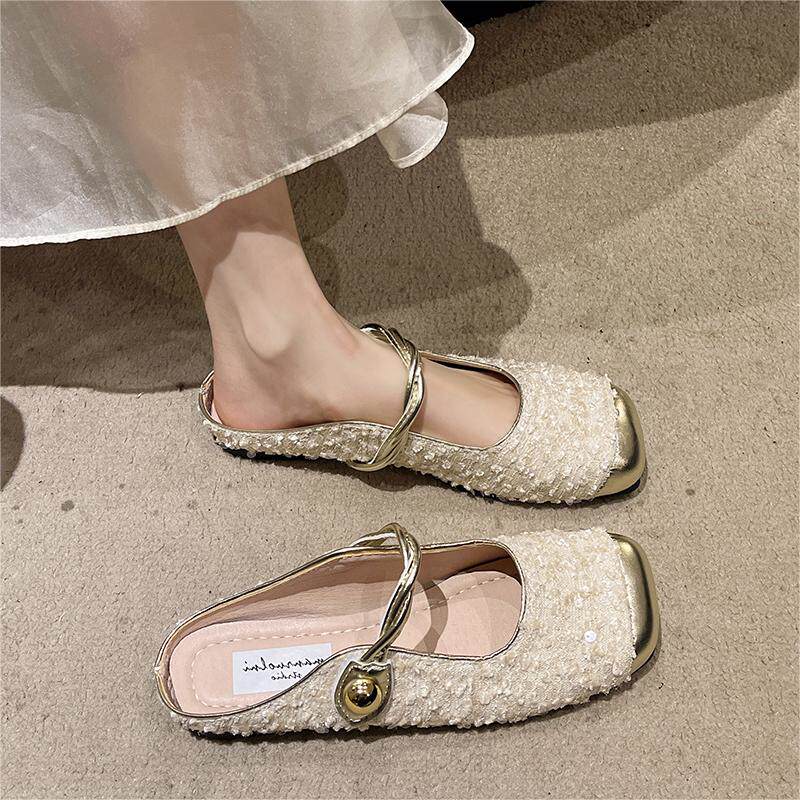 平底跟包头玛丽珍凉拖鞋女2026新款亮片布灵气质凉鞋配裙子半拖鞋