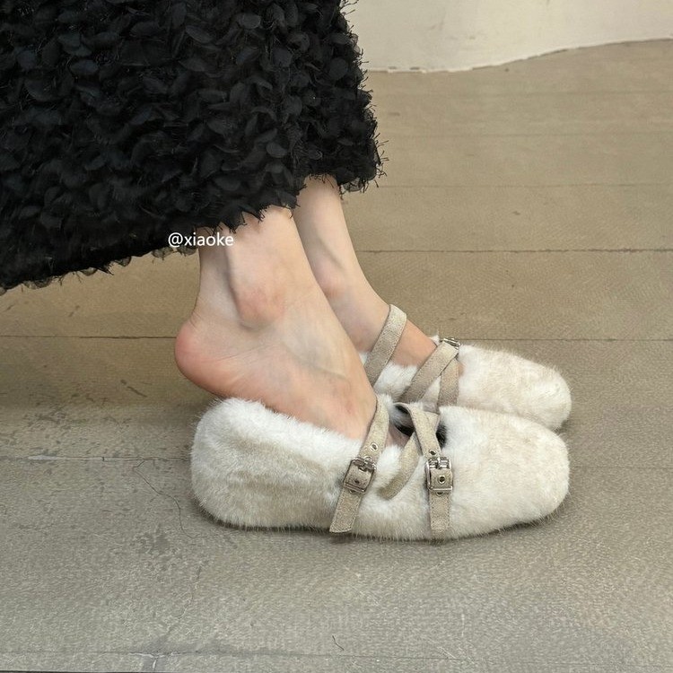 复古内增高毛毛鞋女2025秋冬加绒保暖一字带玛丽珍鞋温柔棉鞋单鞋