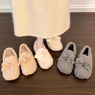 仙女风蝴蝶结平底毛毛鞋女2025秋冬新款羊羔毛一脚蹬保暖加绒棉鞋