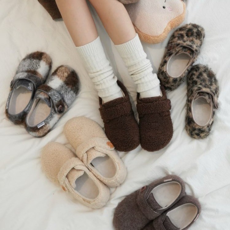 内增高毛呢勃肯鞋女2025新款秋冬玛丽珍豆豆毛毛鞋加绒保暖二棉鞋