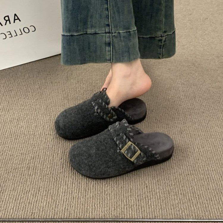 复古呢子包头半拖鞋女外穿2025秋冬新款一脚蹬厚底灰色毛毡勃肯鞋