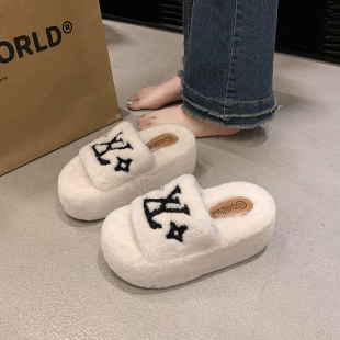 厚底白色家居一字棉拖 外出加绒毛毛鞋 毛毛拖鞋 女秋冬外穿2025新款