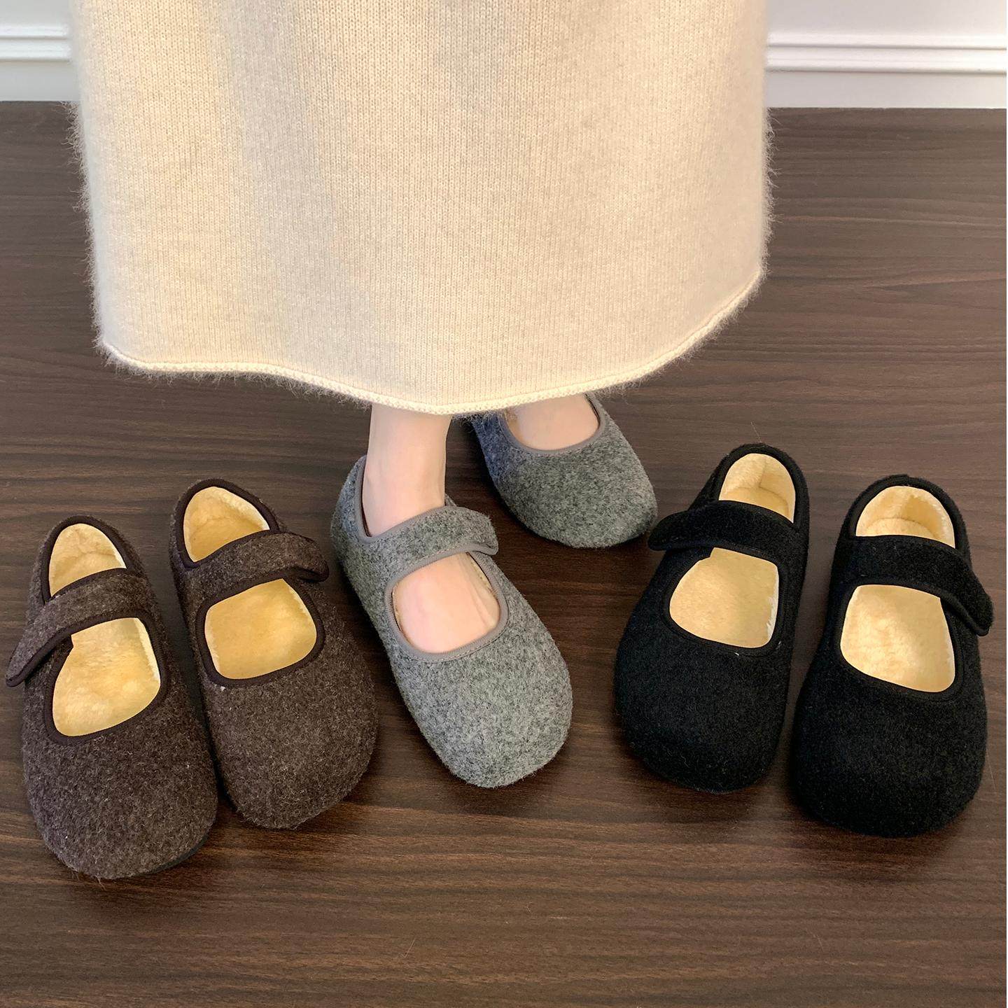 魔术贴灰色毛毛鞋女冬外穿新款加绒单鞋保暖勃肯棉鞋平底玛丽珍鞋