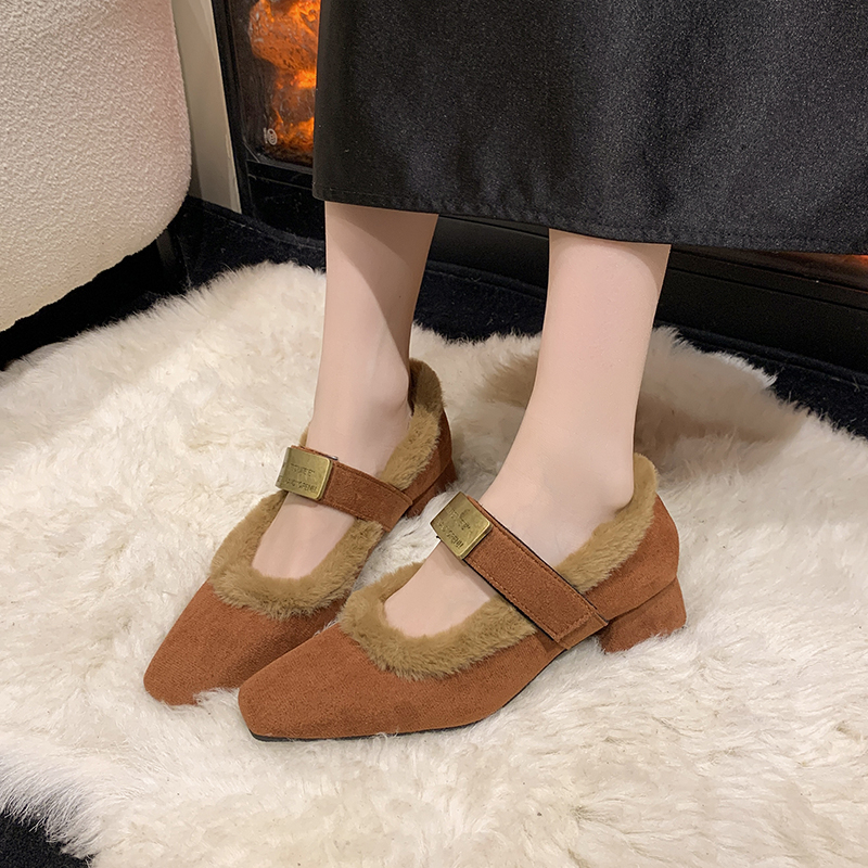 时尚毛绒方头低跟玛丽珍鞋女2025冬季新款魔术贴加绒粗跟浅口单鞋