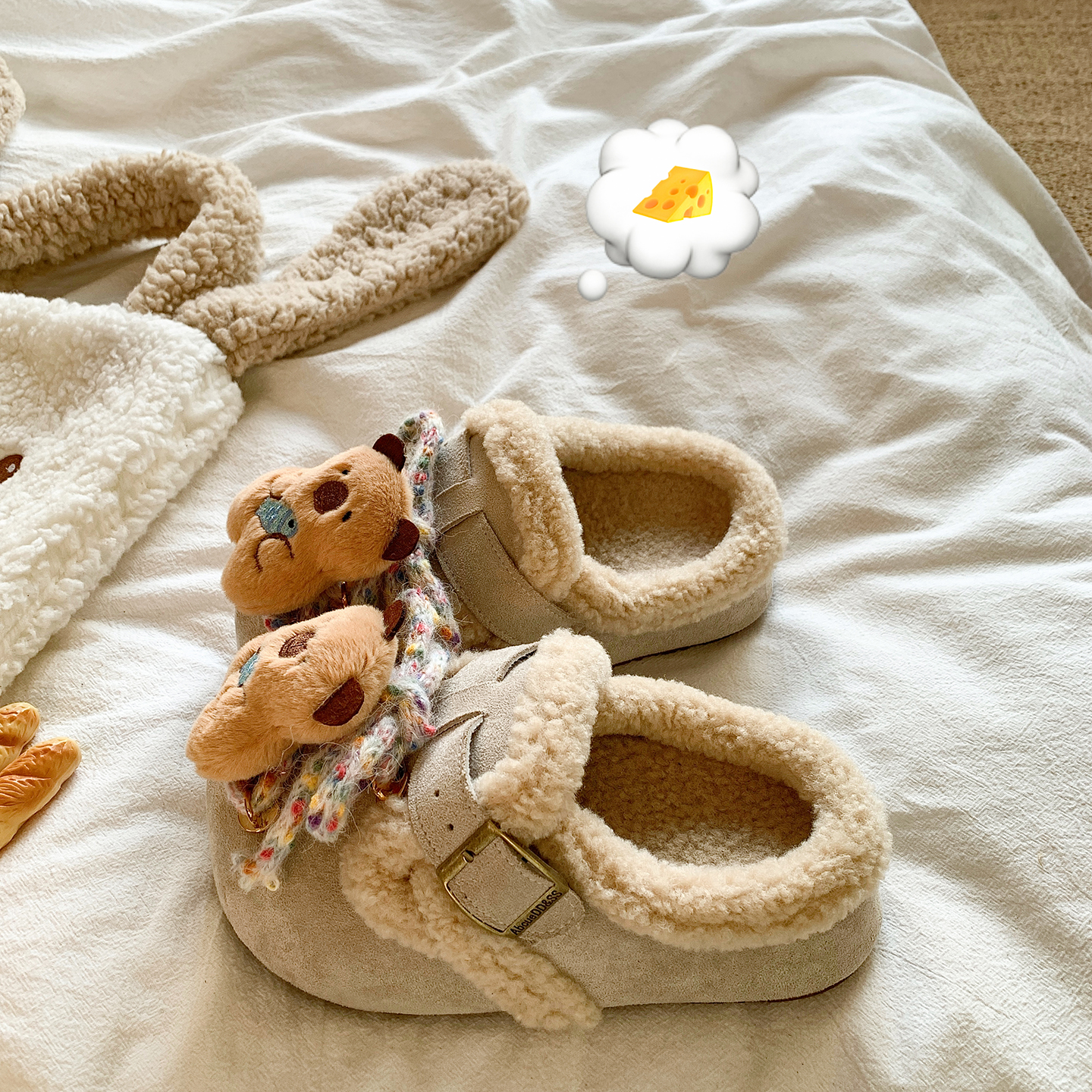 可爱小熊毛绒包头勃肯拖鞋女2025上新外穿保暖厚底勃肯鞋毛毛拖鞋