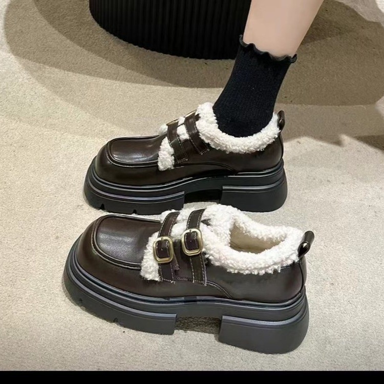 英伦风冬季加绒小皮鞋女厚底2025新款秋冬百搭乐福鞋子jk软底棉鞋