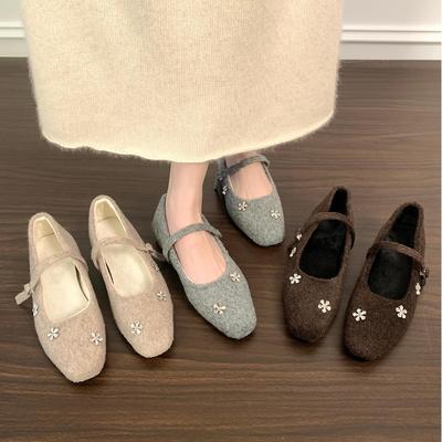 内增高复古晚风气质水钻一字带毛毛单鞋女鞋秋冬款配裙子玛丽珍鞋