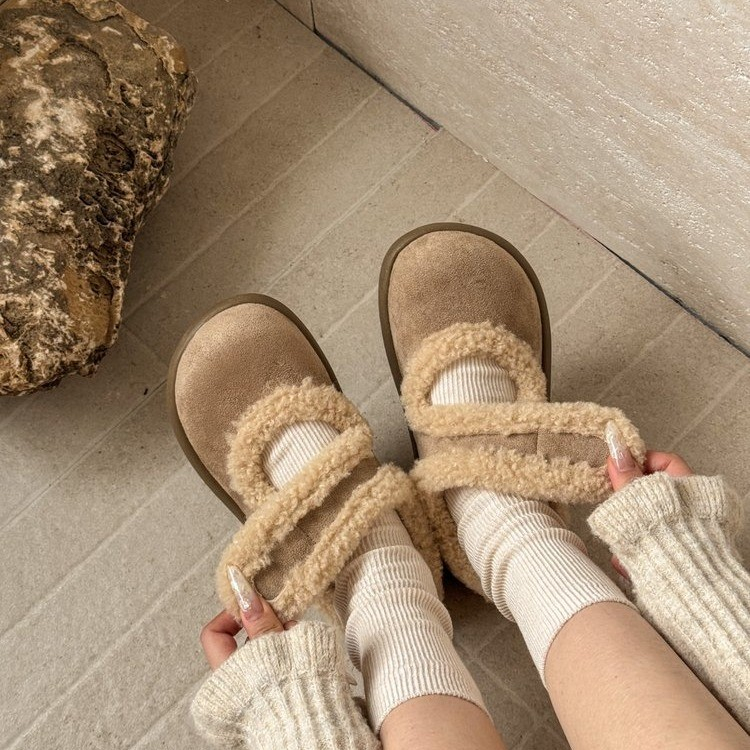 复古加绒勃肯鞋女2025秋冬新款保暖豆豆鞋魔术贴玛丽珍毛毛棉鞋子