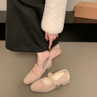 法式中高跟玛丽珍毛毛鞋女鞋子外穿2025秋冬季加绒方头单鞋晚晚鞋