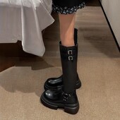 网红厚底长筒靴子女2026春季 高级感小个子增高粗跟棕色骑士靴 新款