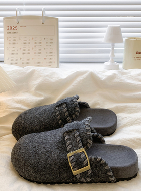 韩版复古晚晚风呢子包头半拖鞋女外穿一脚蹬厚底灰色毛毡勃肯鞋女